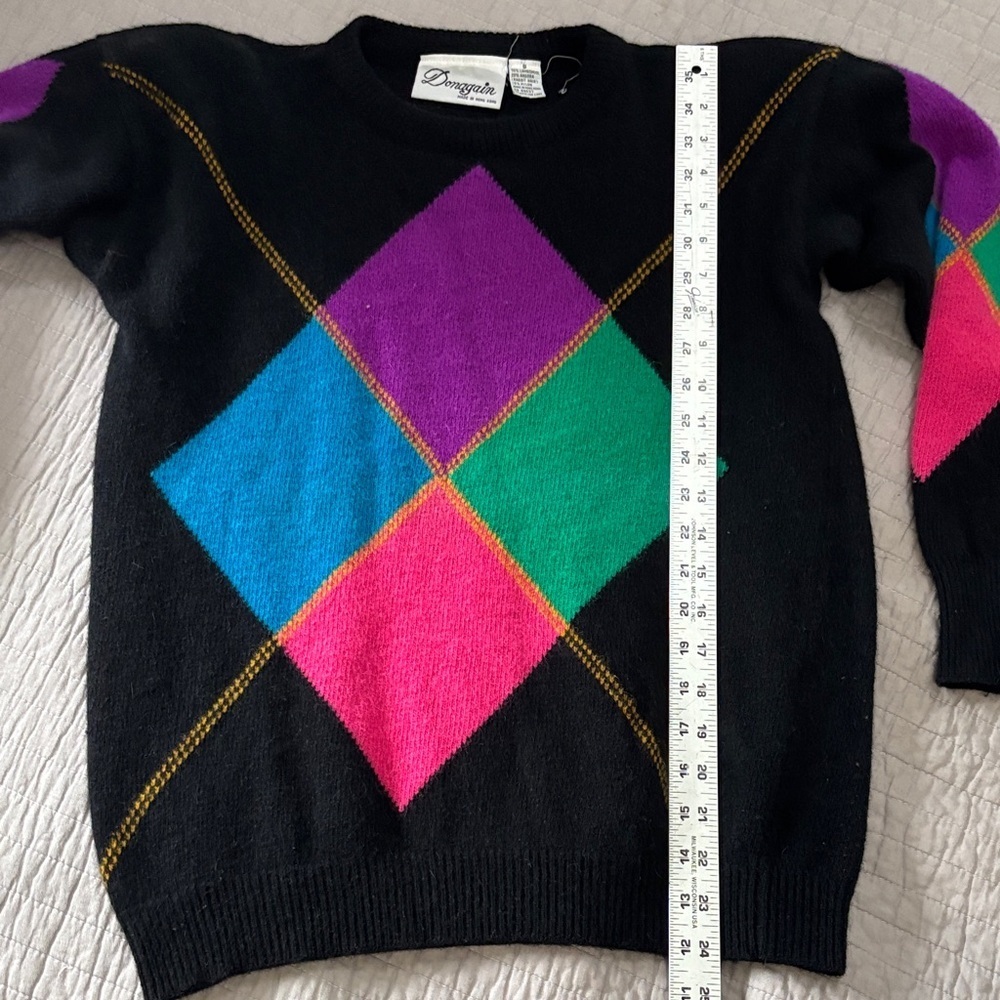 VTG Donagain Angora Lambswool Argyle Sweater - Black/Multicolor - Small - Picture 5 of 6